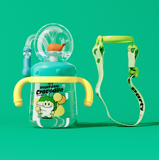 Green kids whale sippy bottle with clear cup, yellow 260ml? lid, and blue drinking spout