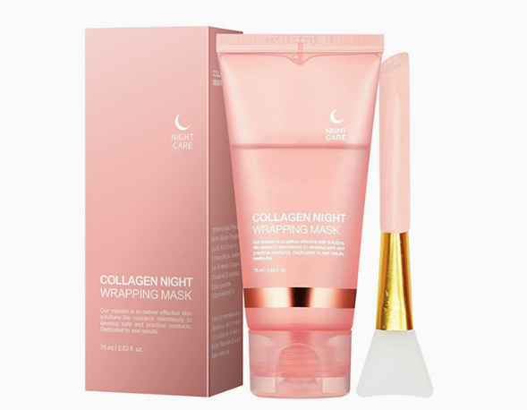 Collagen night wrapping mask box and tube with gold applicator brush, pink tone
