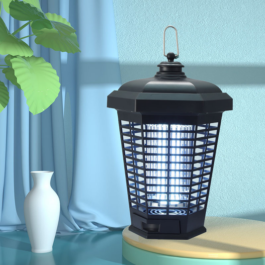 Black UV mosquito killer lamp with blue glowing insect trap grid and top loop handle