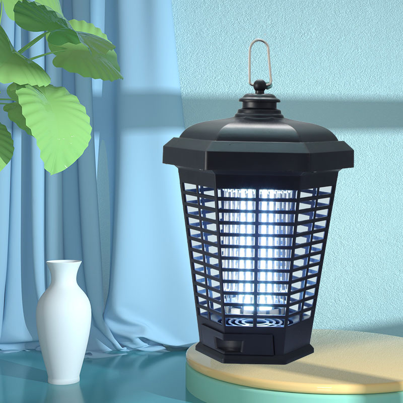 Black UV mosquito killer lamp with blue glowing grid, enclosed top and carrying loop