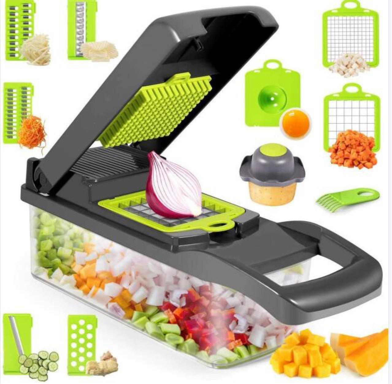 Vegetable chopper and dicer with green grater plate and black cutting handle