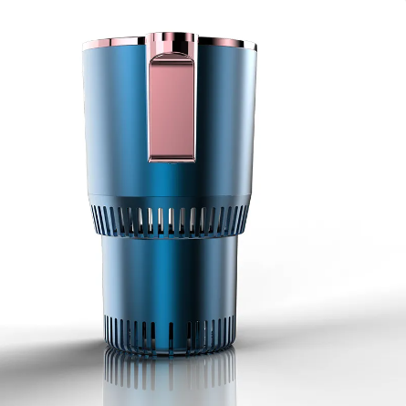 Car cup warmer cooler, sapphire blue exterior with rose-colored side module