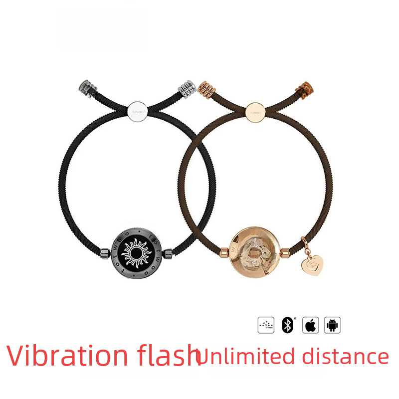 Couples smart bracelet set with black cord and rose-gold moon dial, round touch centers