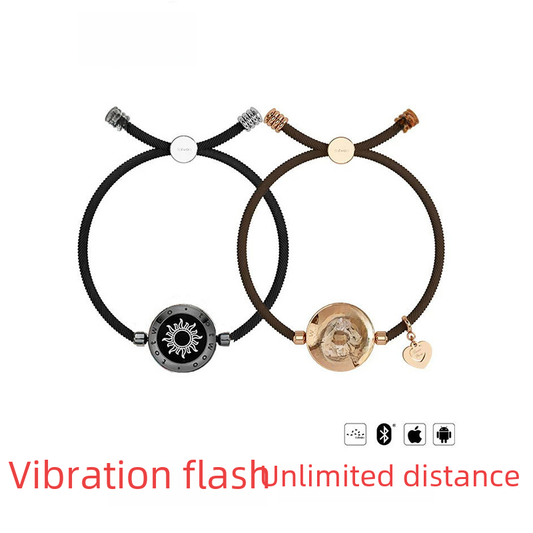 Couples smart bracelet set with black cord and rose-gold moon dial, round touch centers