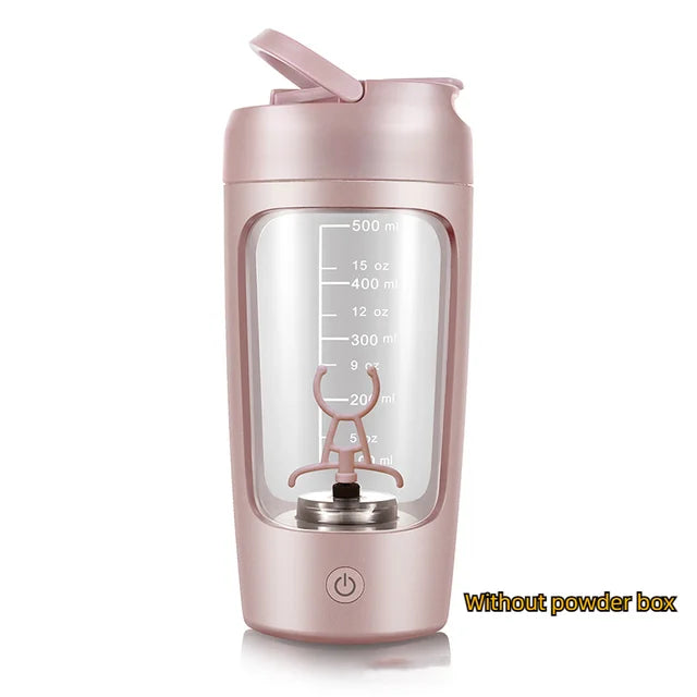 Pink electric portable protein shaker bottle with measuring markings and blending base