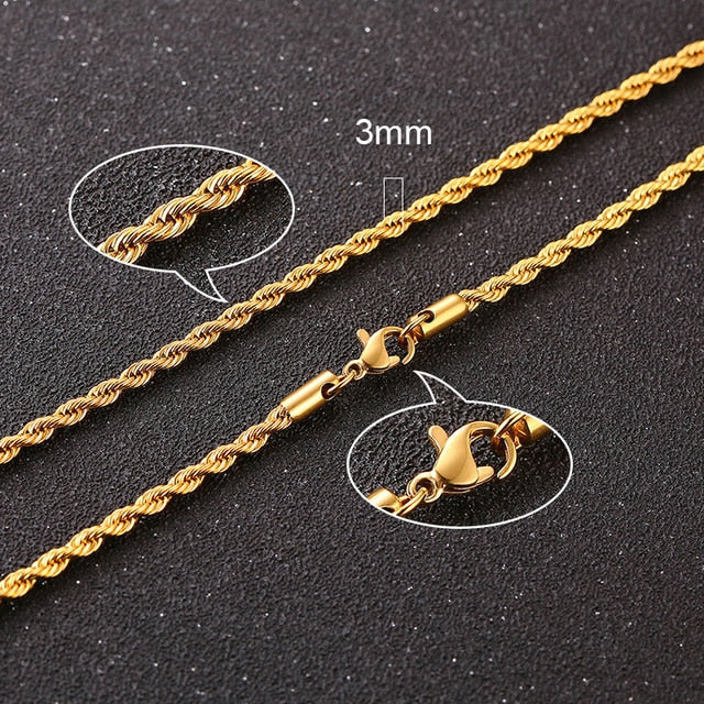 Twisted rope chain necklace, gold 3mm figaro links with round connector and clasp