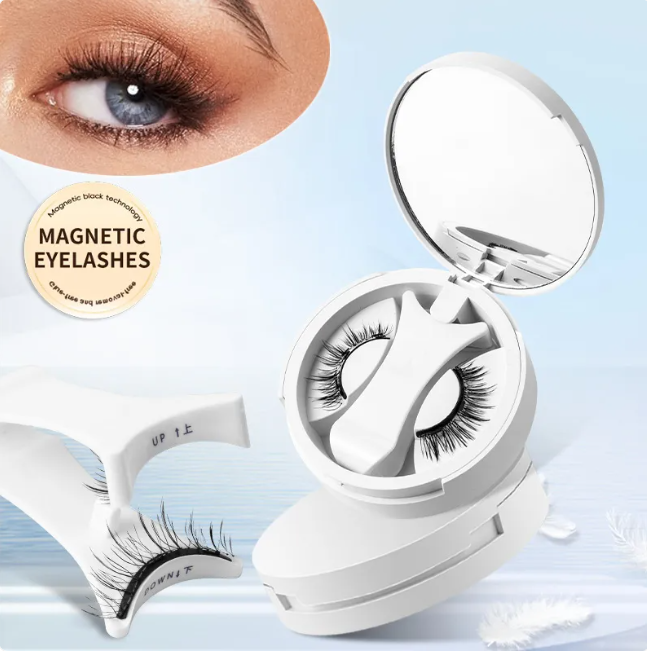 Magnetic false eyelashes set with open storage case, two lash bands, and applicator