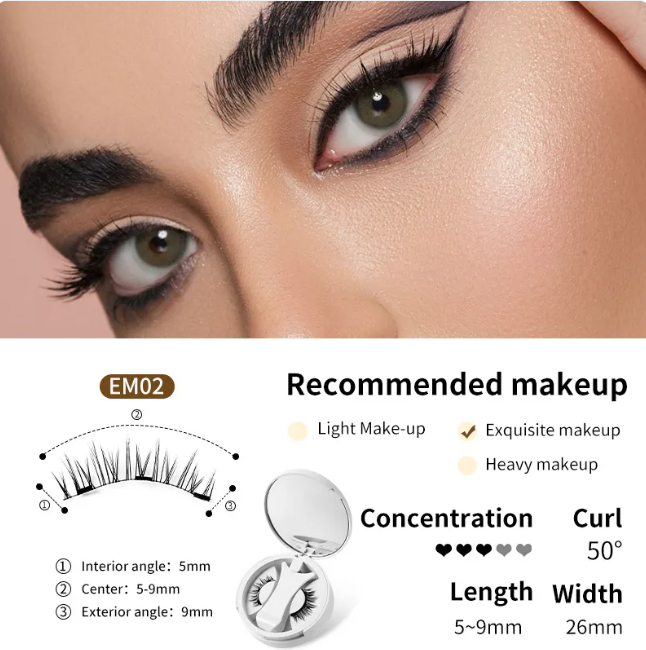 Magnetic false eyelashes set diagram for EM02 style with open applicator case and lash band