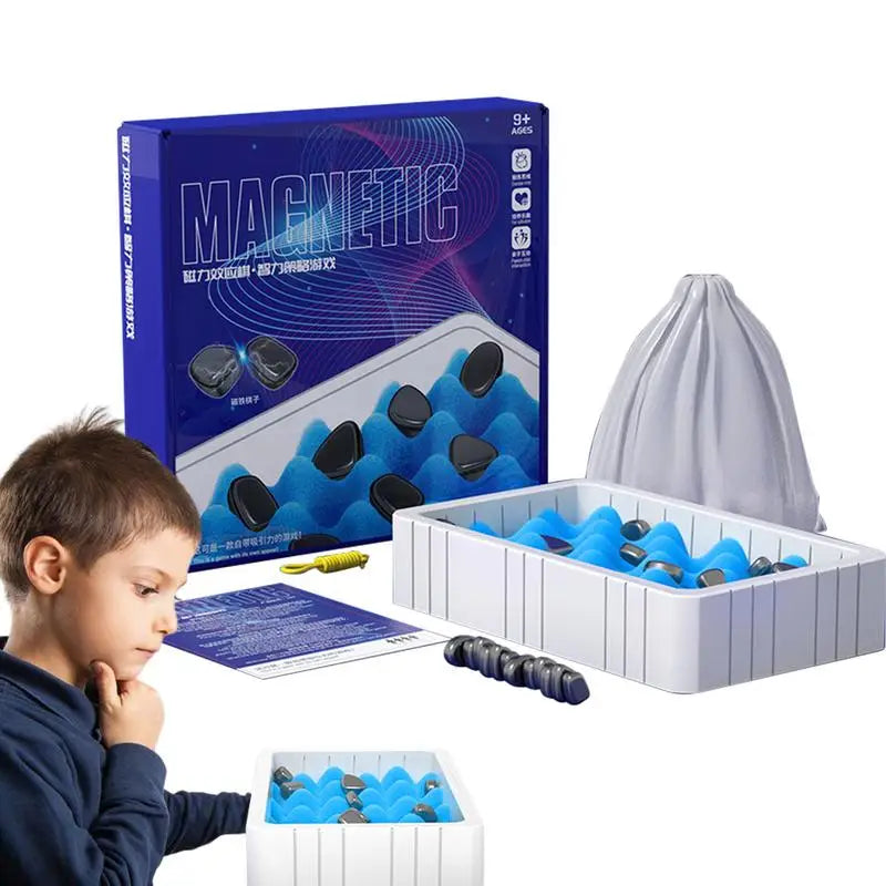 Magnetic chess travel set with blue pieces in tray and folded gray carrying bag