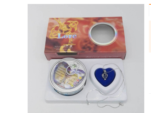 Wish pearl necklace gift set with blue heart pendant and round keepsake container
