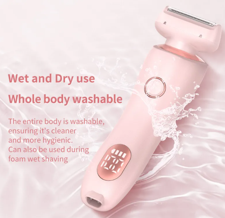 Pink electric body shaver with wet-and-dry washable design and LED indicator window