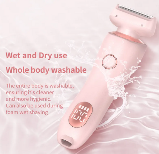Pink electric body shaver with wet-and-dry washable design and LED indicator window