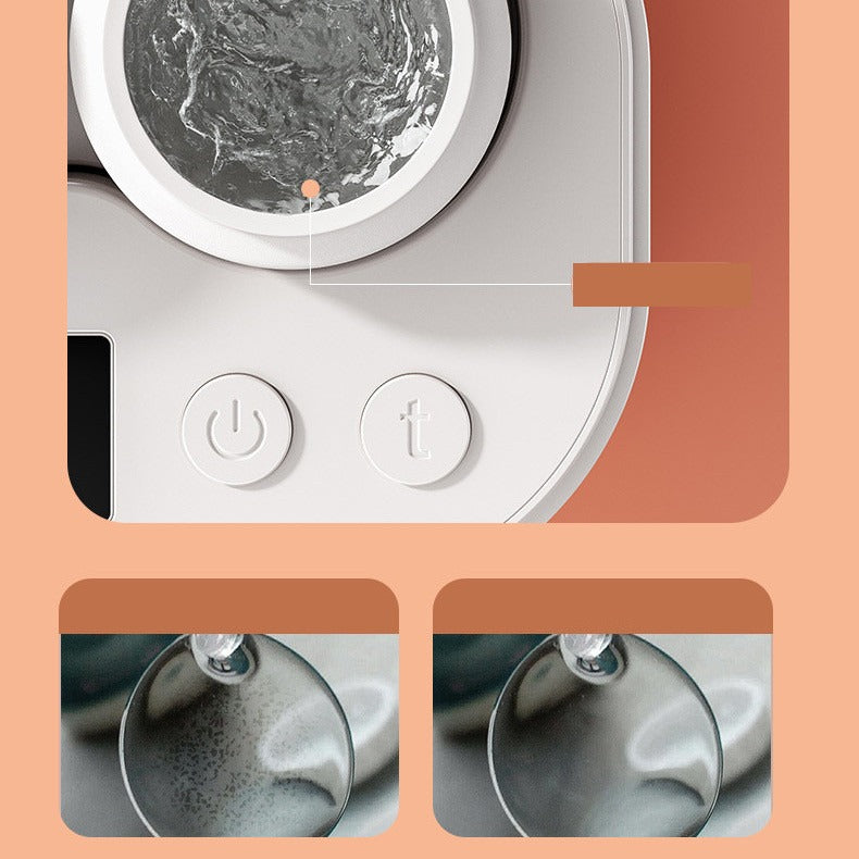 Ultrasonic contact lens cleaner control panel with buttons and two cleaning chamber windows