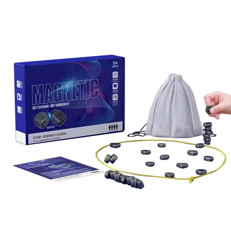 Magnetic chess travel set with blue pieces, purple play mat, and gray bag