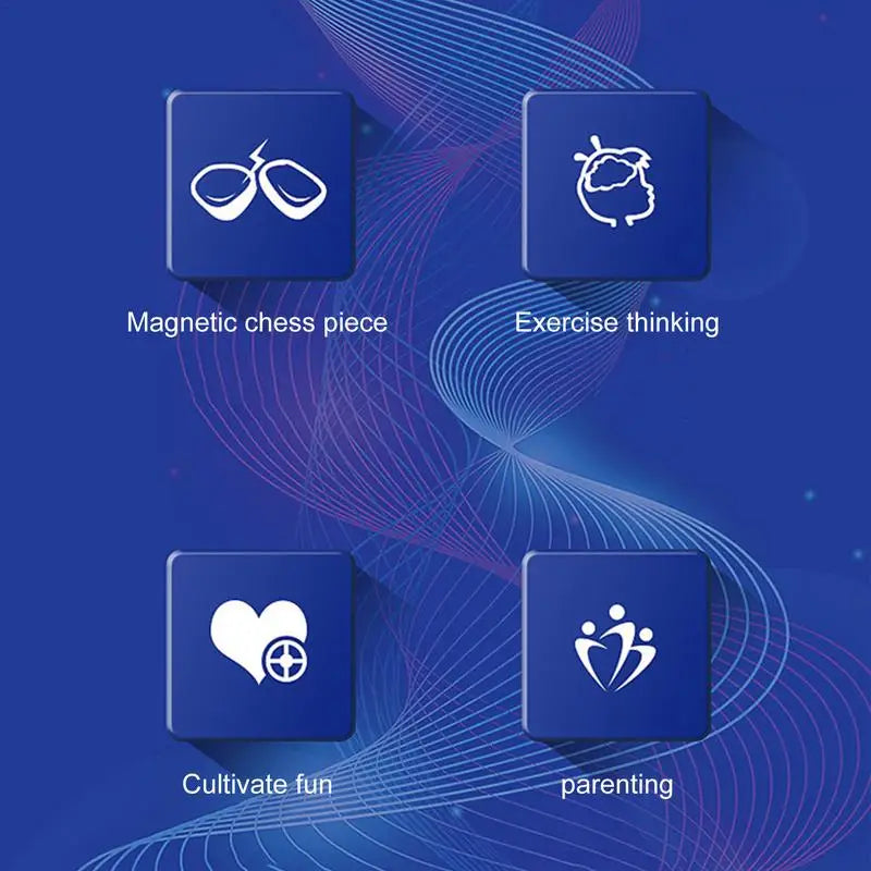 Magnetic chess set box graphic with feature icons: magnetic chess, thinking, fun