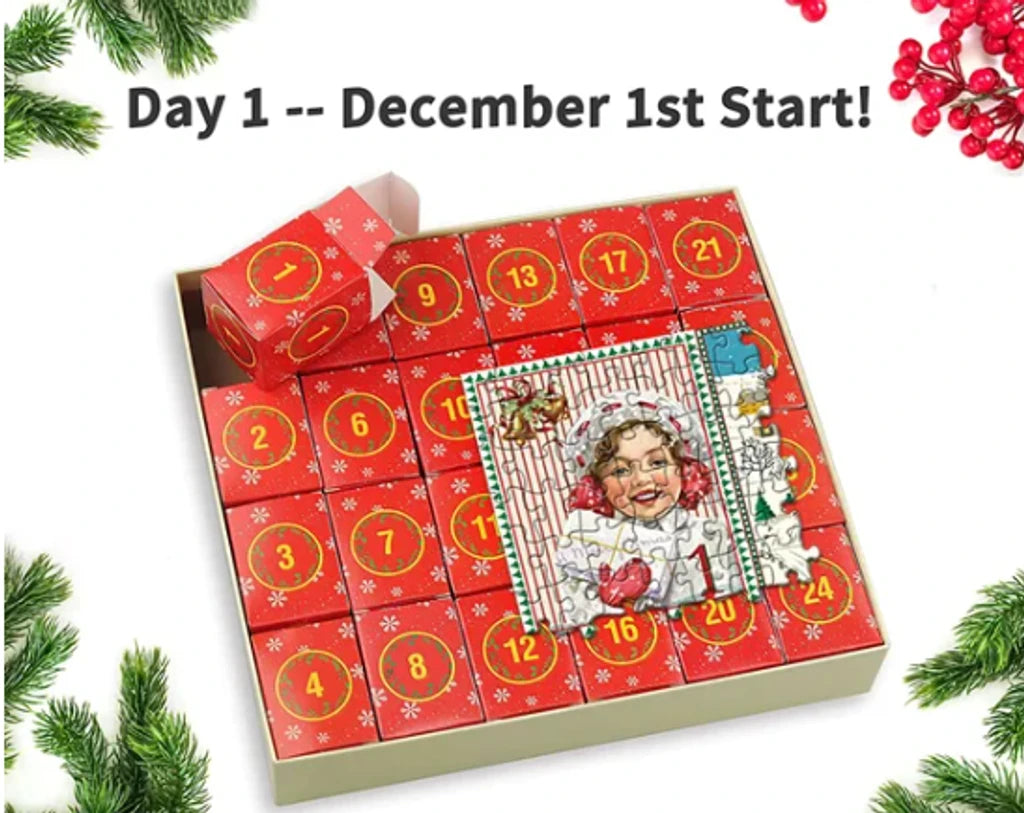 Christmas advent calendar jigsaw puzzle box with red numbered door grid (Day 1)