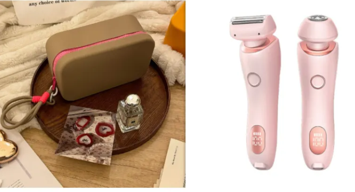 Electric duo body shaver set in pink, with zip travel case and cord