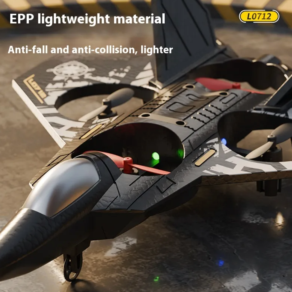 Gray foam RC fighter jet with multi-color LED lights and four rotors