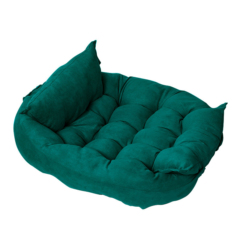 Foldable pet nest sofa bed in dark teal with stitched bolsters and padded interior