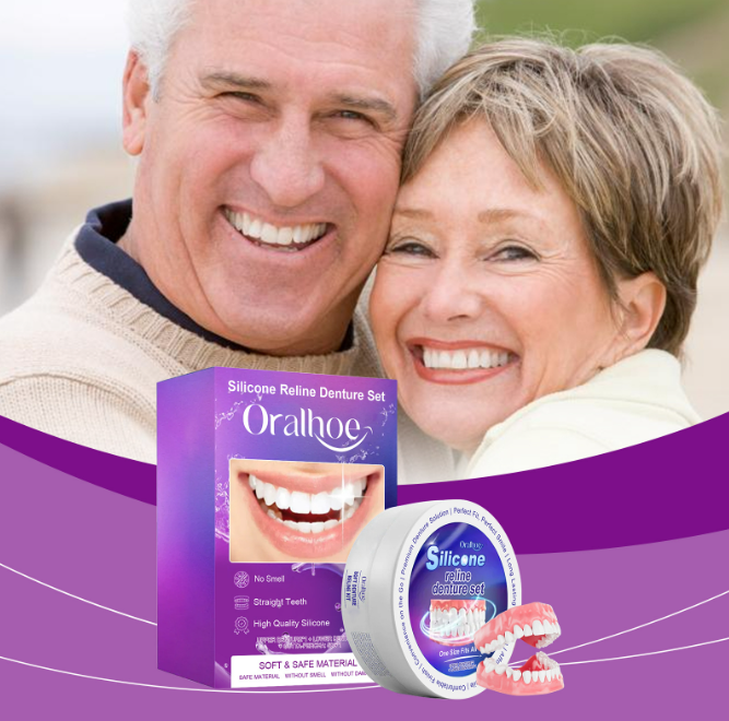 Silicone denture reline set box and round container with partial teeth, Oralhoe