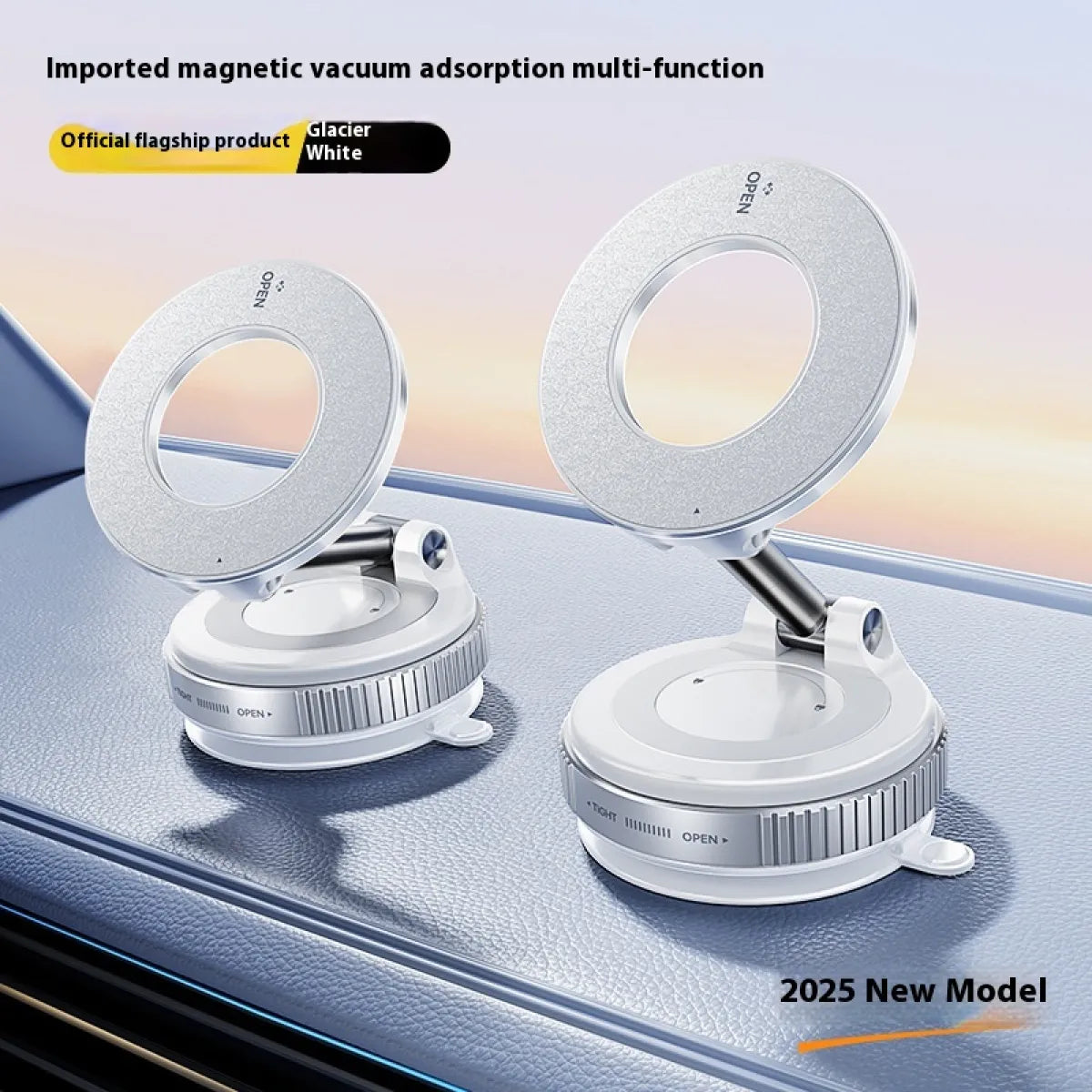 White magnetic car phone mount with adjustable circular ring and non-slip base
