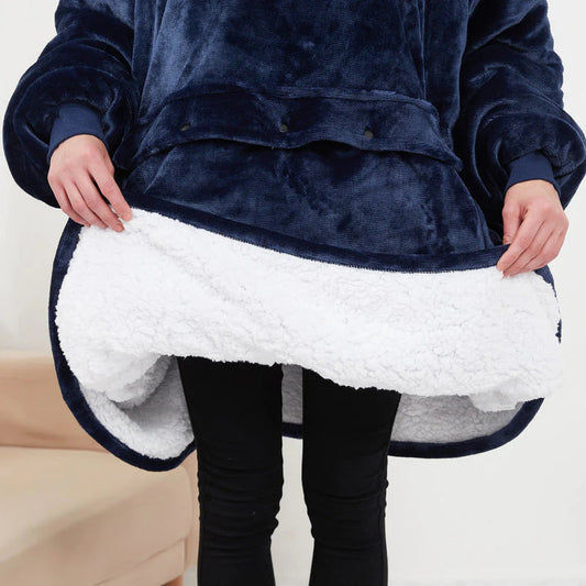 Heated hoodie blanket with hood, dark navy plush and white lining under the hem