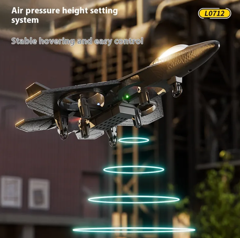Black-and-gray RC fighter jet underside with green navigation LED light