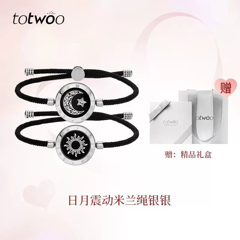 Totwoo couples smart bracelet set, black rope with moon and sun round charms, silver tone