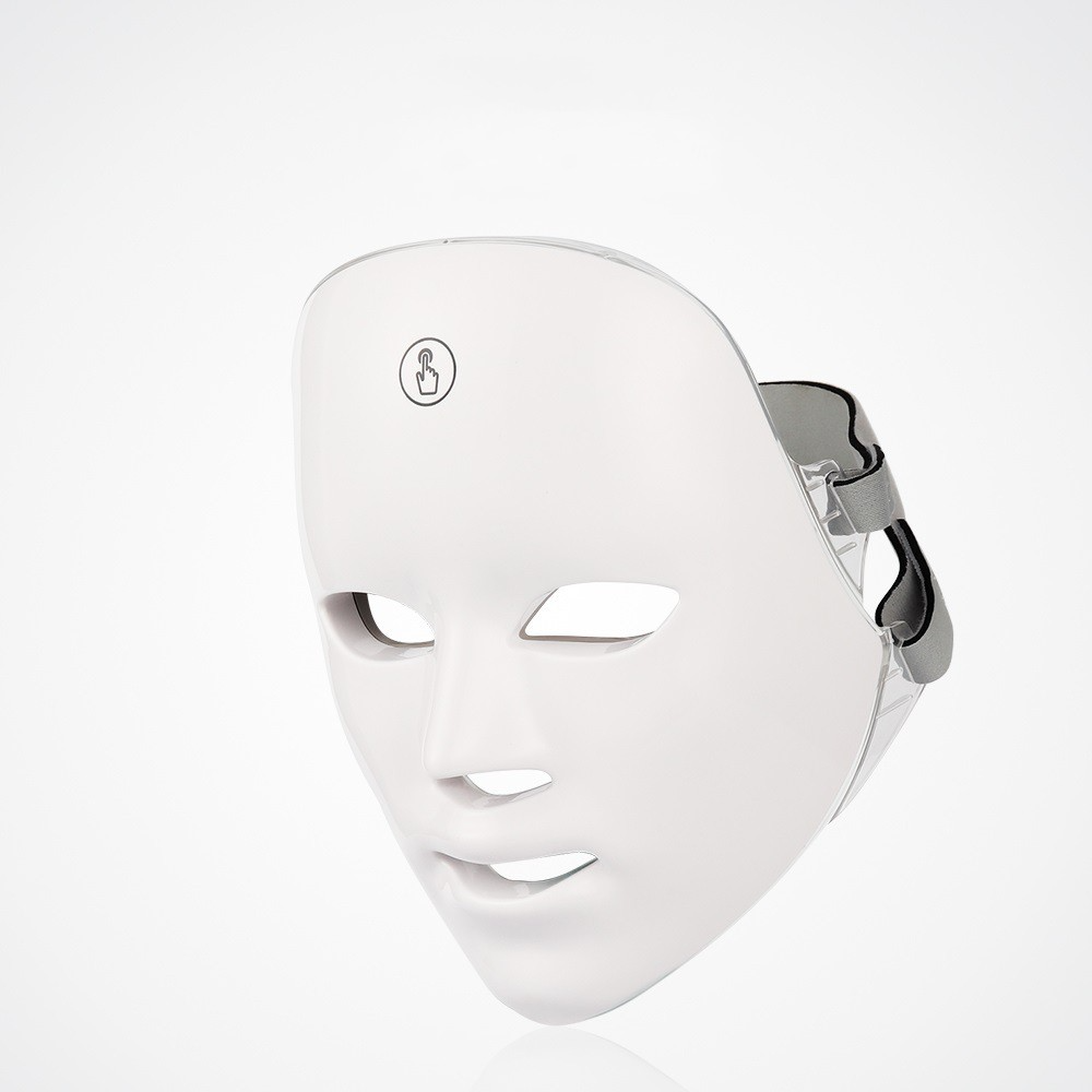 LED light therapy face mask, white full-face design with side strap and top clip