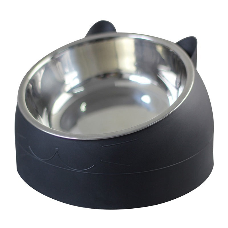Cat feeding bowl with black PP base and stainless steel dish, cat ear holders