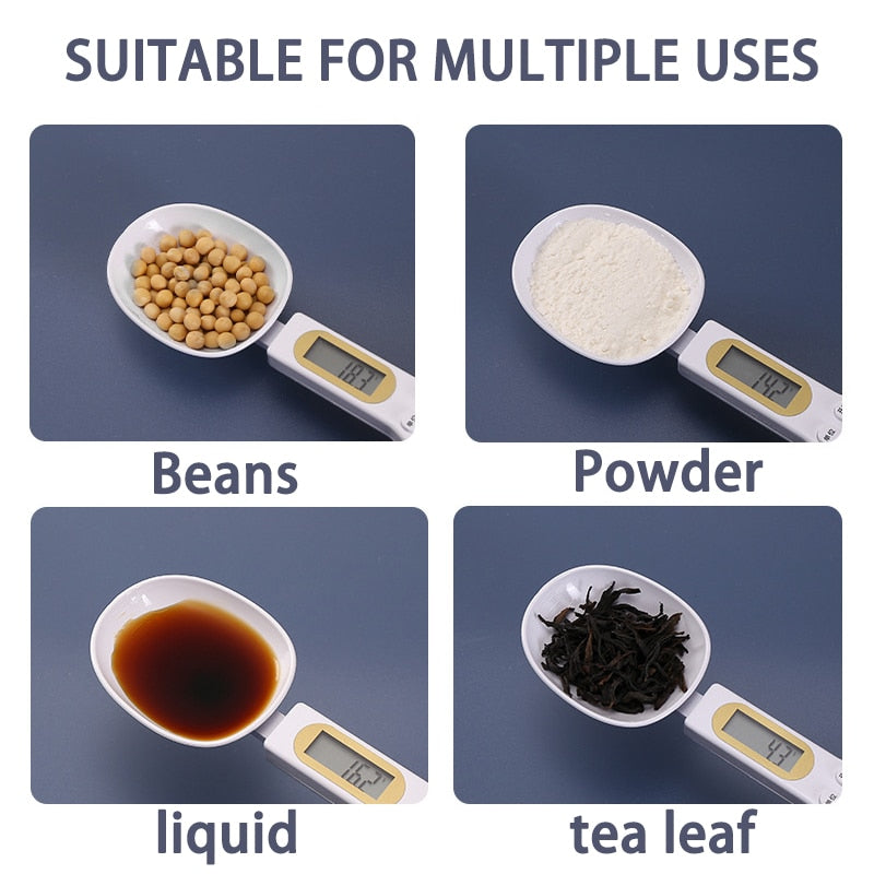 Digital measuring spoon scale with LCD display measuring beans, powder, liquid, and tea