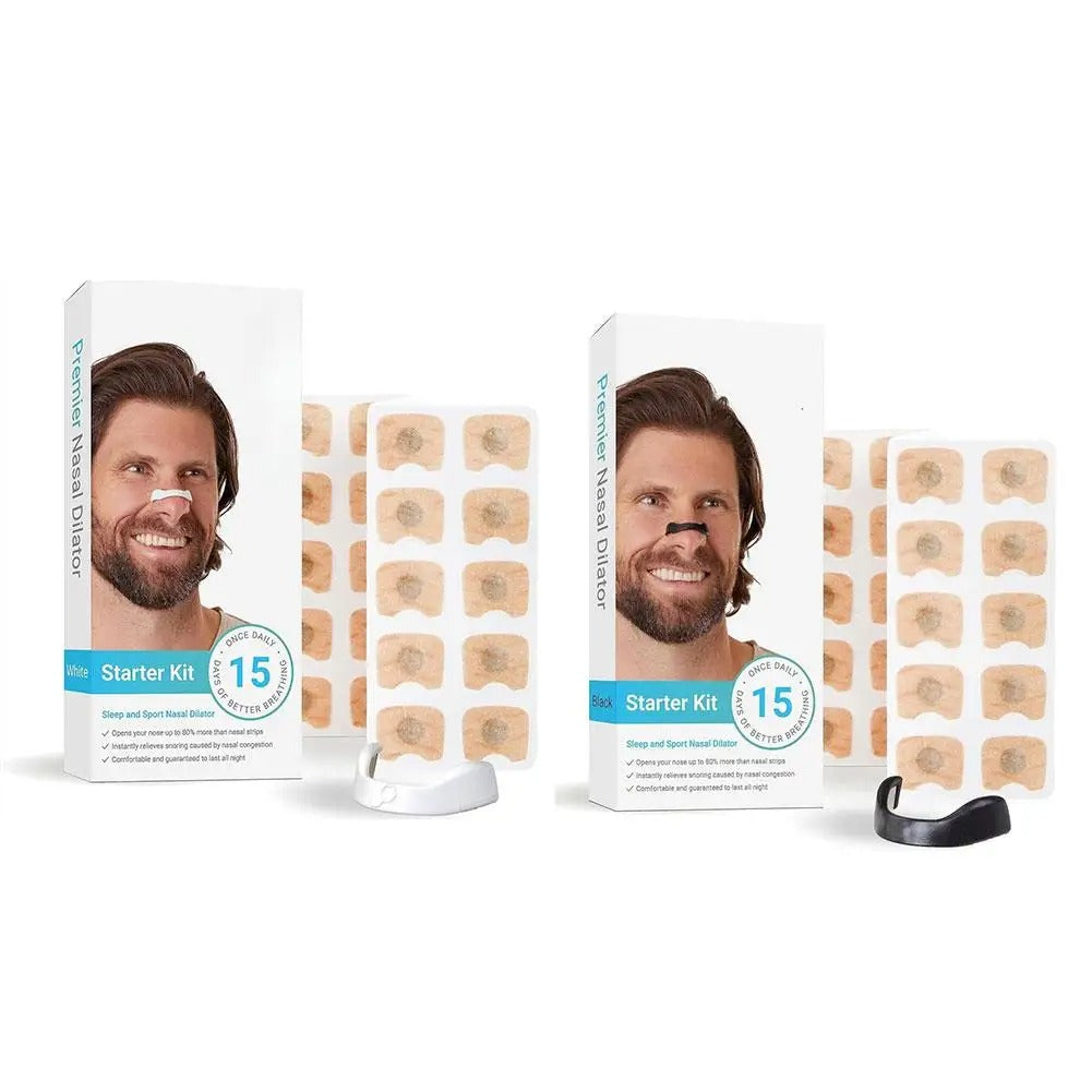 Magnetic nasal dilator starter kit packaging with patch sheets and black support piece