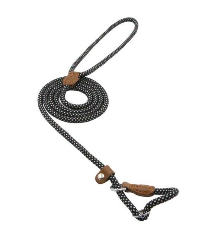 Adjustable nylon dog collar and coiled leash set, black speckled with PU leather trim