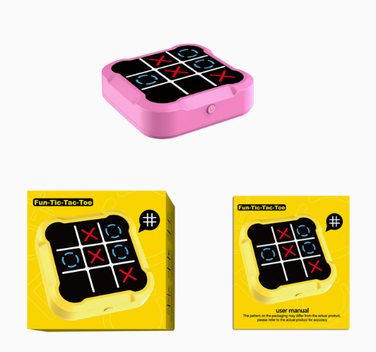 Pink tic-tac-toe board with Fun-Tic-Tac-Toe packaging showing board diagrams