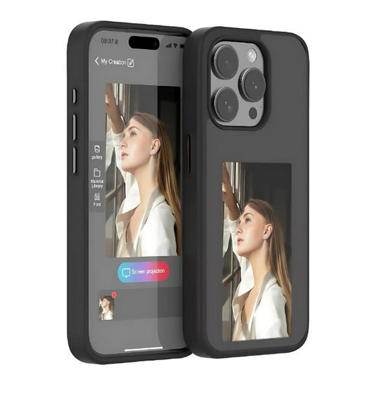 Black iPhone case with e-ink display screen showing a preview photo