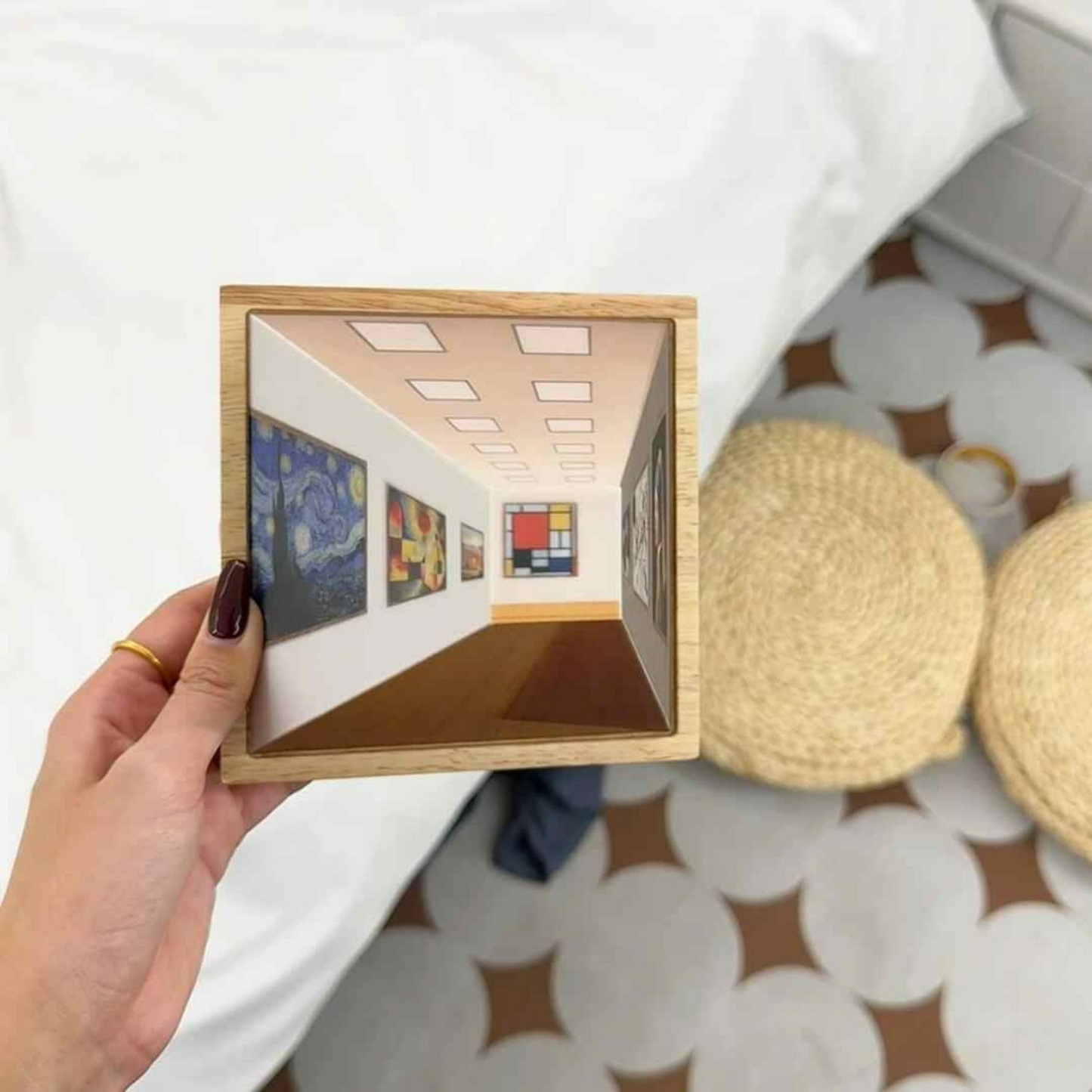 LED 3D illusion night light with wooden frame, room-scene panel held in hand