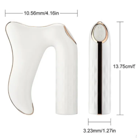 White electric gua sha massager with gold-toned edges, front and side views