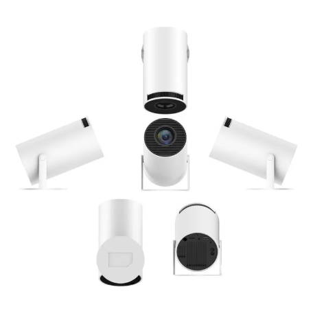 White portable projector shown from multiple angles with front lens and base