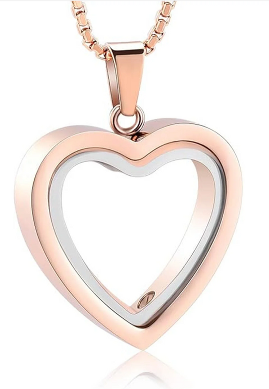 Rose gold heart-shaped pendant necklace with stainless steel chain and loop bale