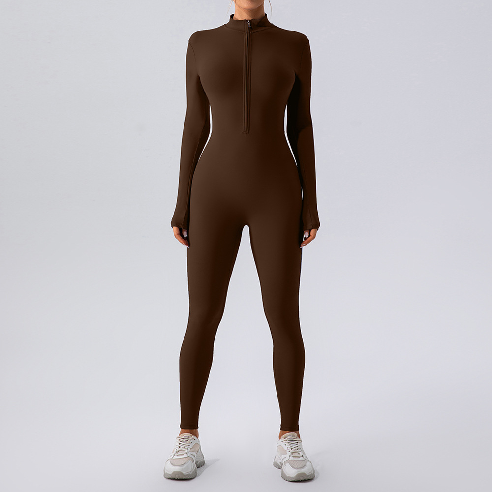 Brown fleece-lined jumpsuit with half-zip, stand collar, long sleeves, fitted full-length legs