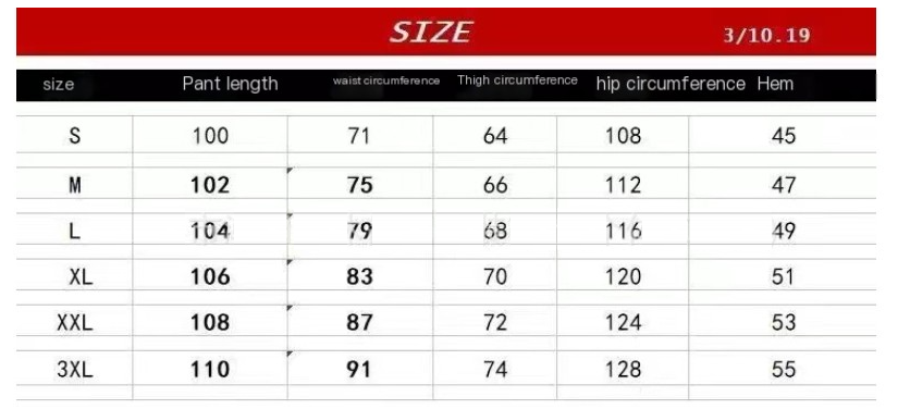 Size chart table with measurements for pant length, waist, thigh, hip, and hem