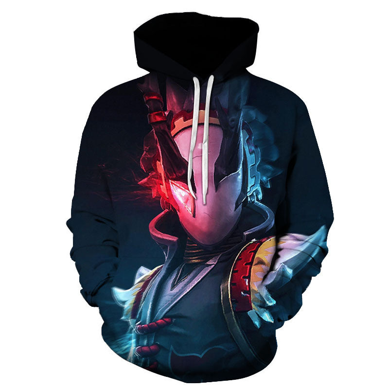 Dark hooded baseball jacket with red and blue stylized wolf-like face graphic