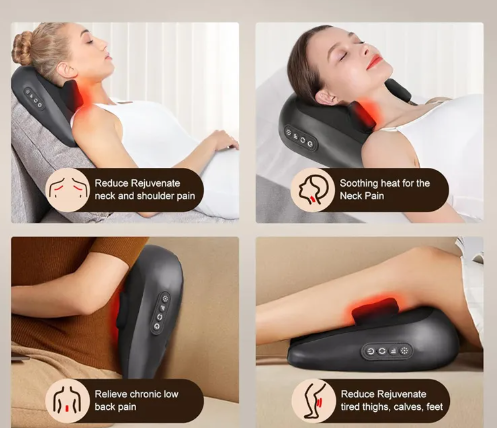 Black neck and shoulder massage pillow with red heat glow and side control buttons