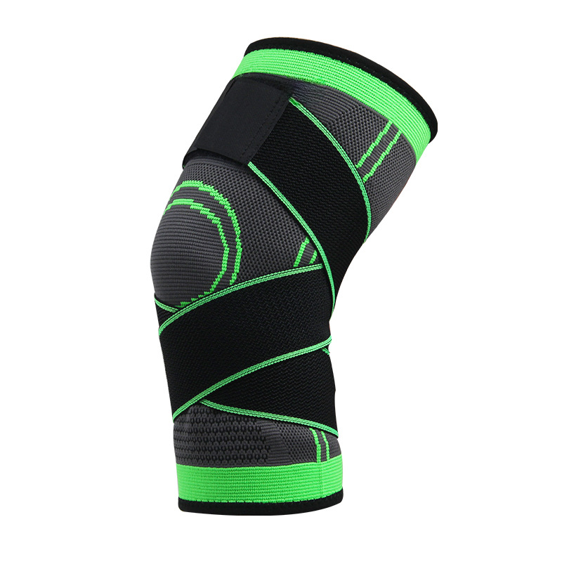 Green compression knee sleeve with curved reinforced lines and strap