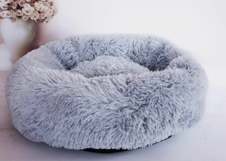 Round plush pet bed, light gray donut nest with raised inner cushion