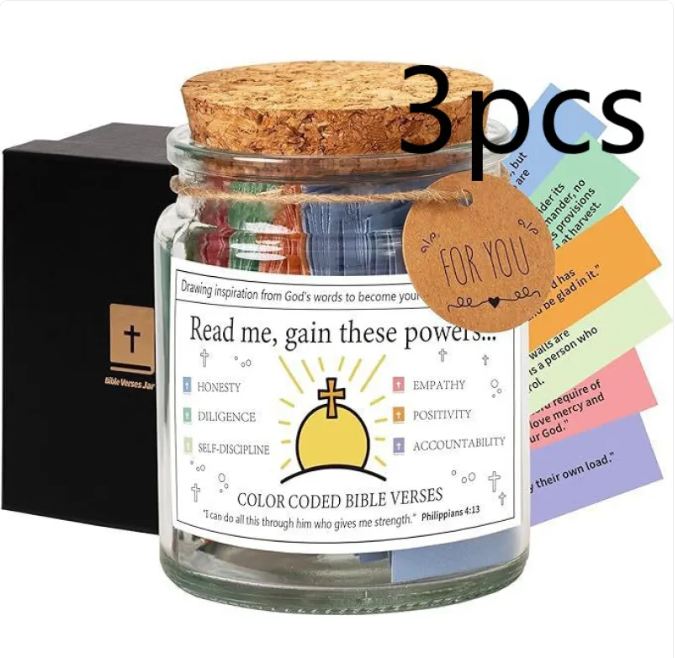 Glass jar with cork lid, 'FOR YOU' tag, '3 pcs' overlay and color-coded verse cards.