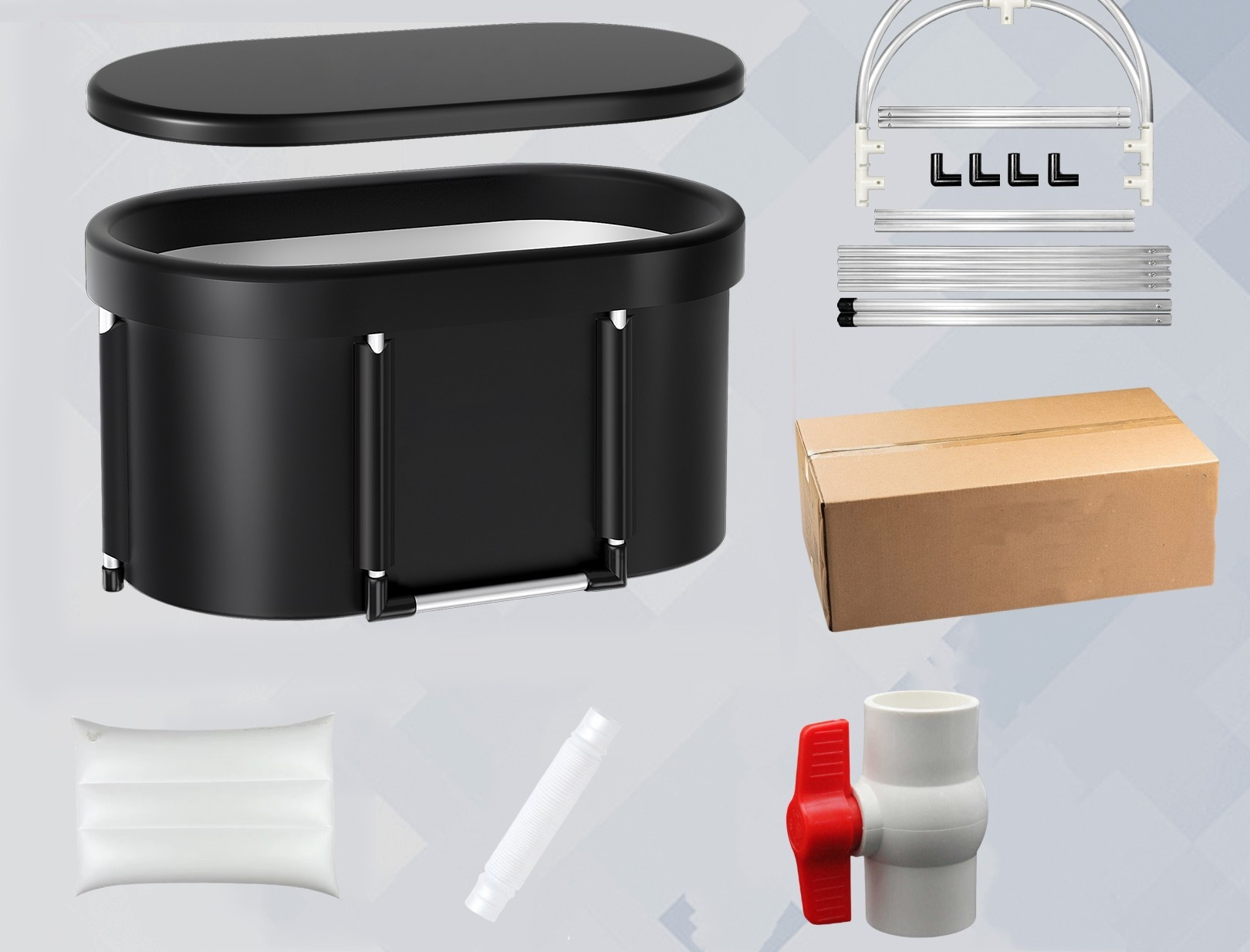 Black portable foldable ice bath tub with round lid and side drain valves