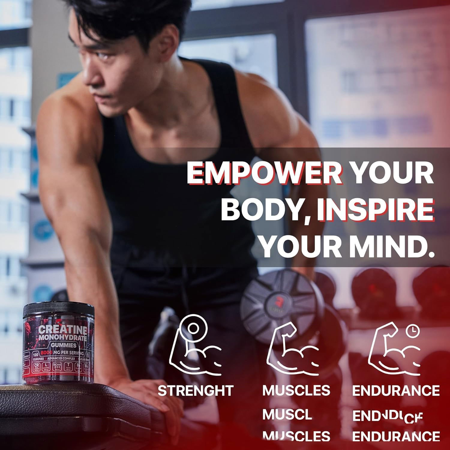 Creatine monohydrate gummies bottle held by person in workout clothes