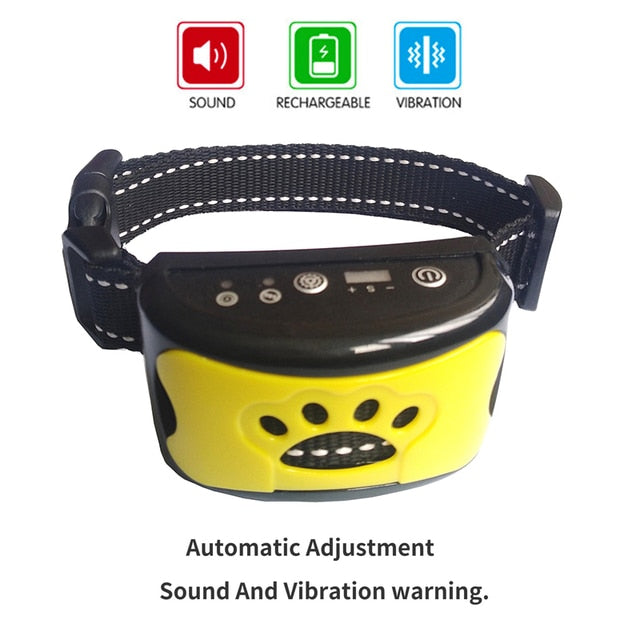 Dog training collar receiver with black controls and yellow shell, black fabric strap