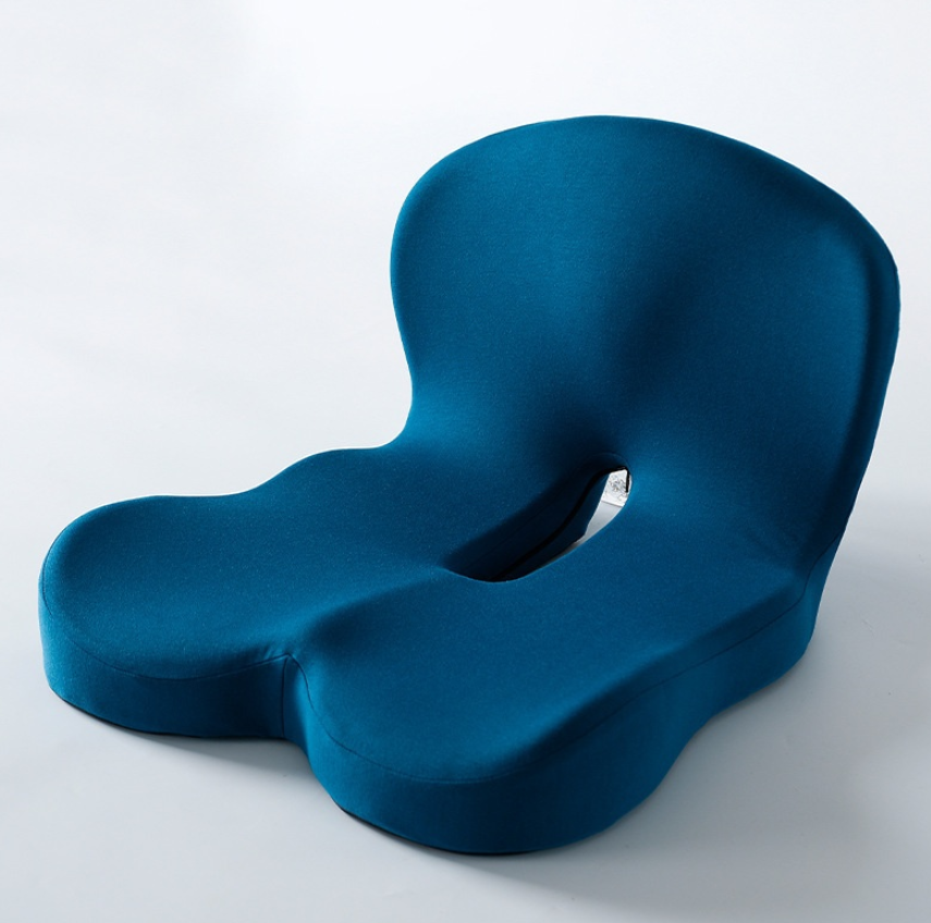 Memory foam ergonomic seat cushion with U-shaped cutout, teal blue fabric.